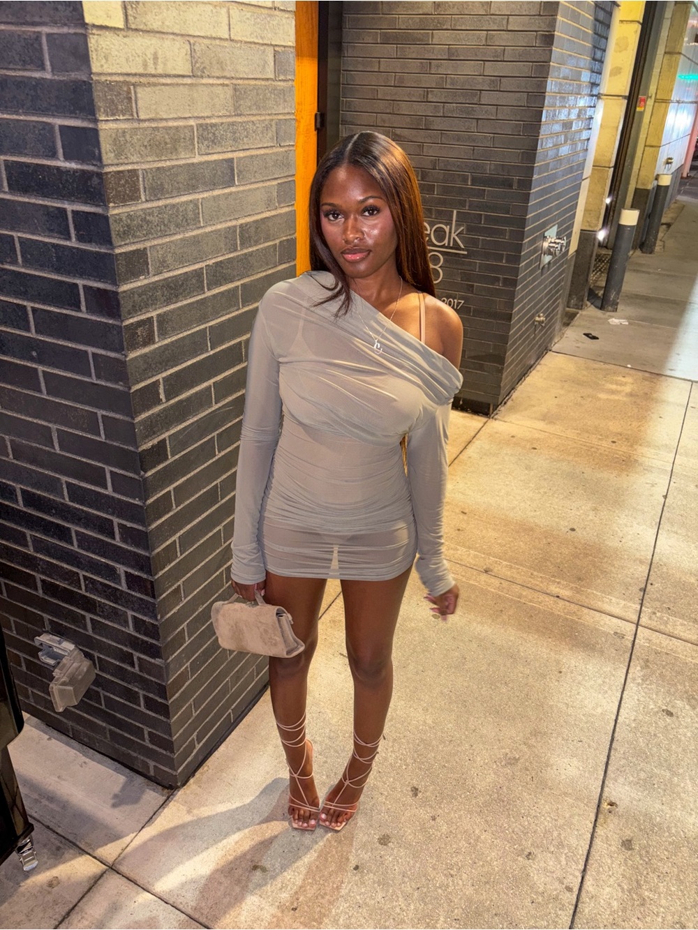 Mesh long sleeve mini dress Khaki